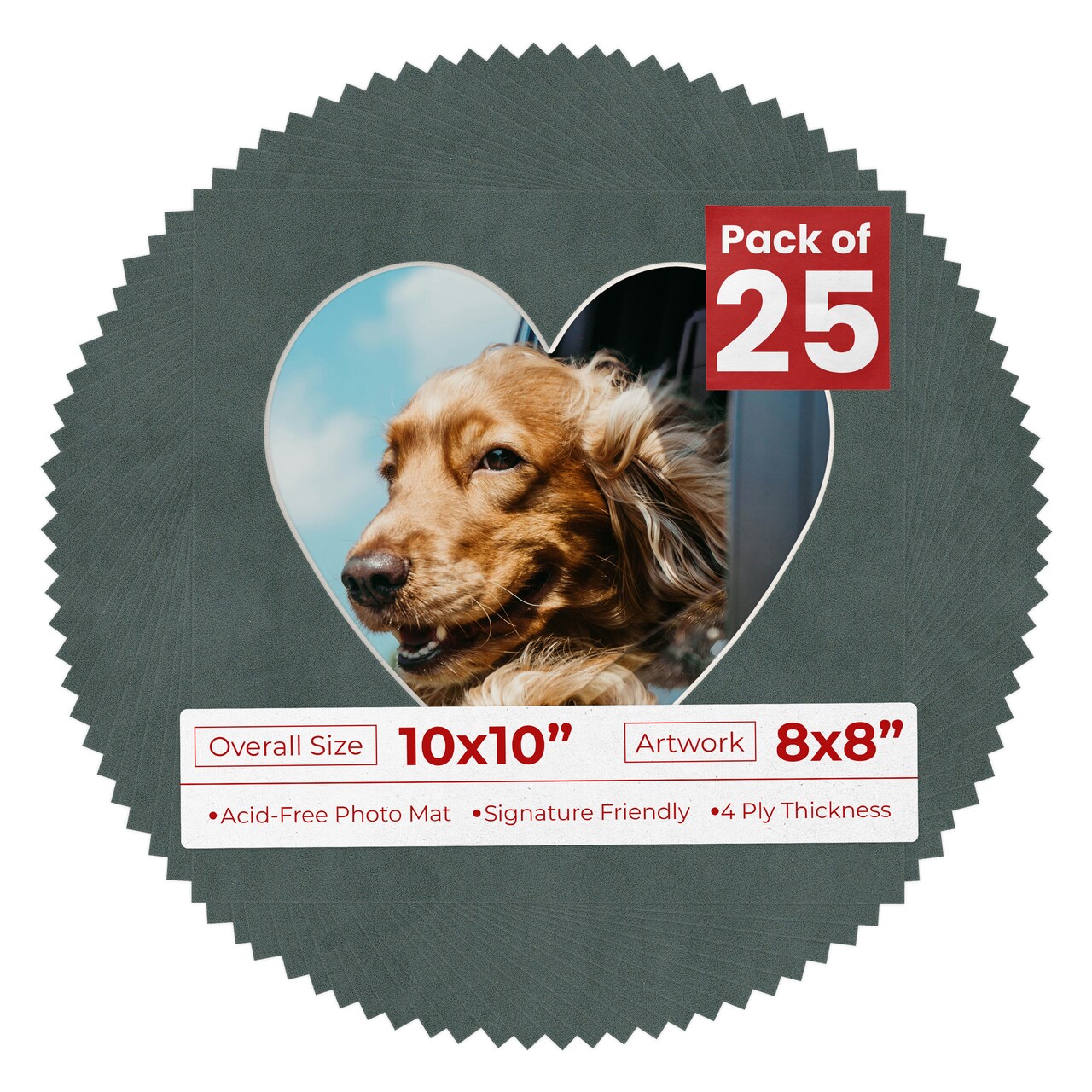 Dark Grey Suede Mat Board for 10x10 Frames - Heart Opening for 8x8 Photos